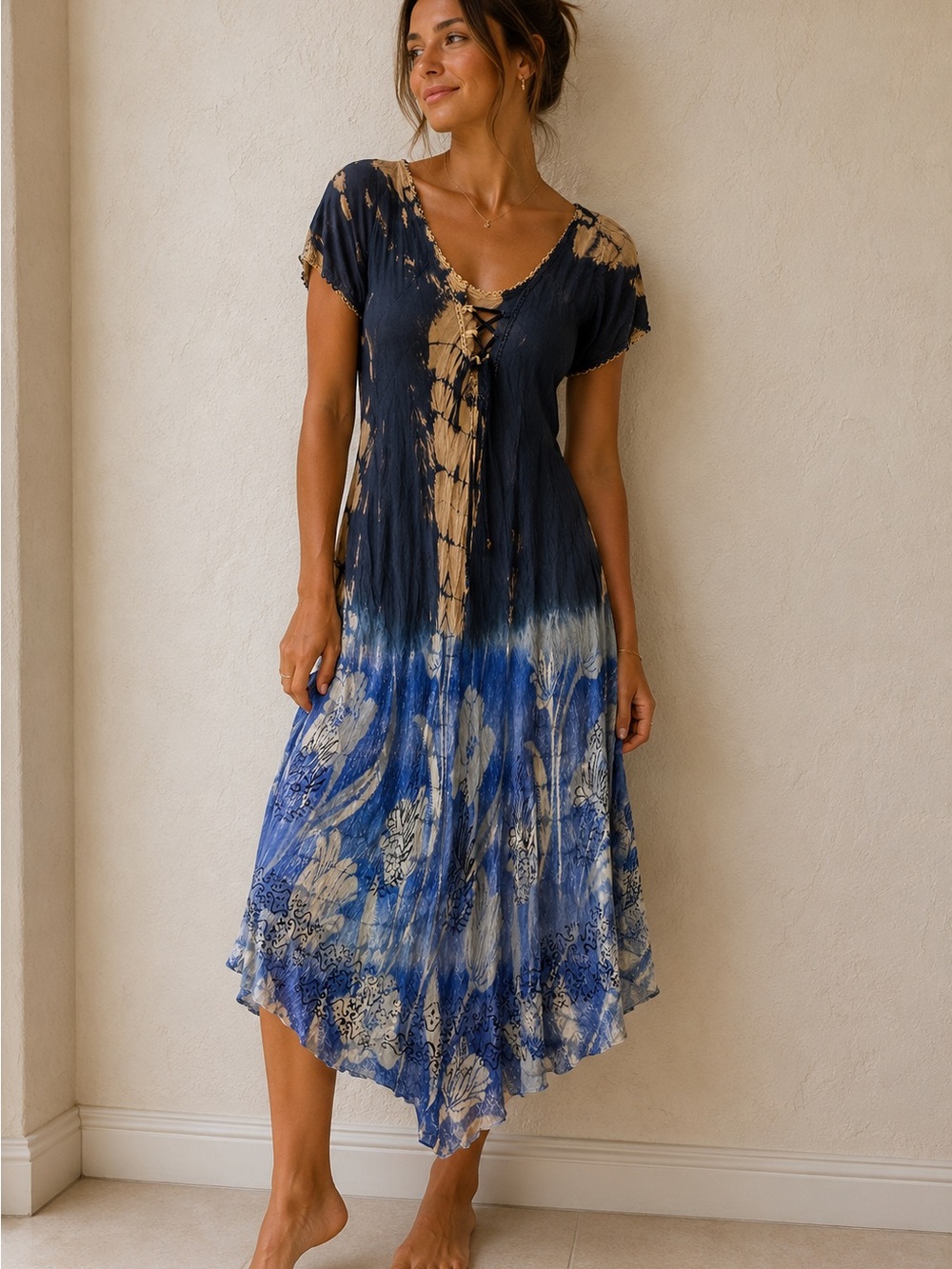 Flowy Tie-Dye Blue & Tan V-Neck Midi Dress - boho